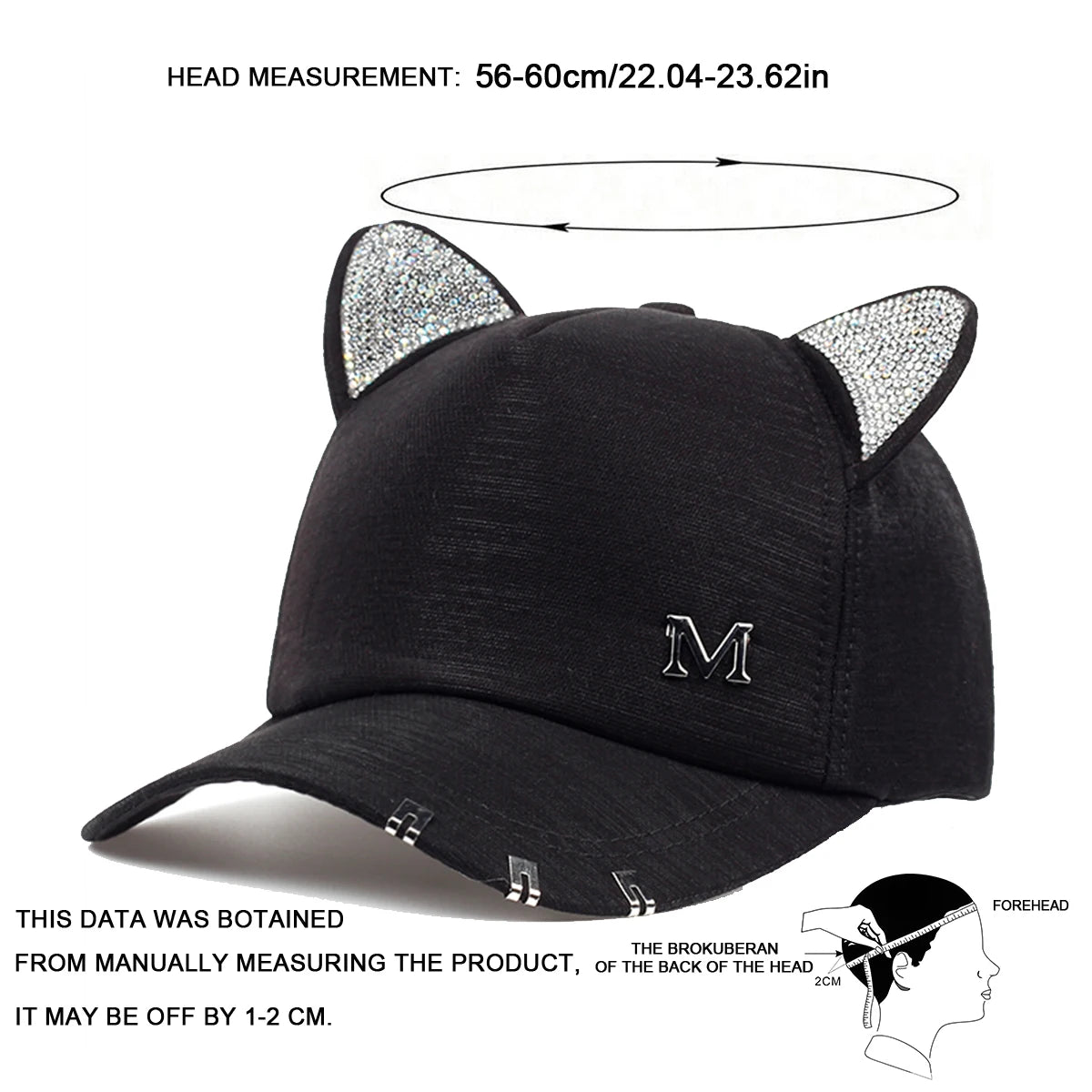 Unisex Cat Ear Studded Baseball Cap Adjustable Sunscreen - Arthur's Wellness Emporium