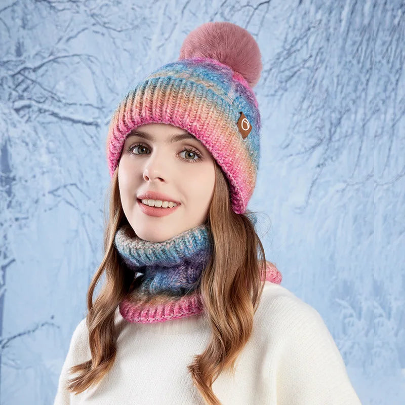 Winter Warm Hat And Scarf Set For Women Fleece Knit Two Piece