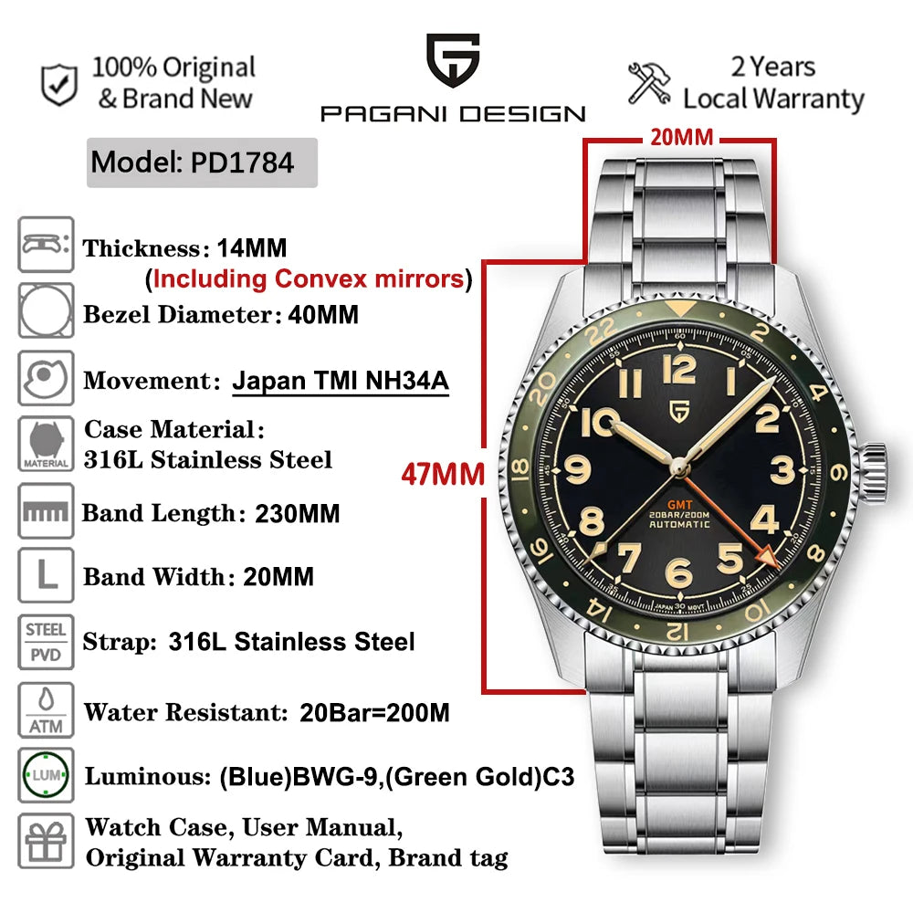 Pagani Design NH34 GMT Automatic Stainless Steel Mens Watch