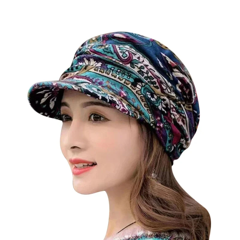 GOMYIE Women Peaked Earflap Wool Winter Cap With Floral Print