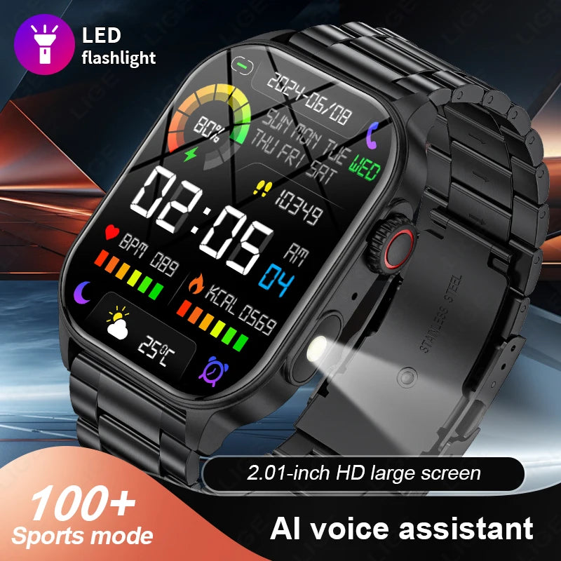 LIGE Smart Watch LED Flashlight Military Sport Waterproof