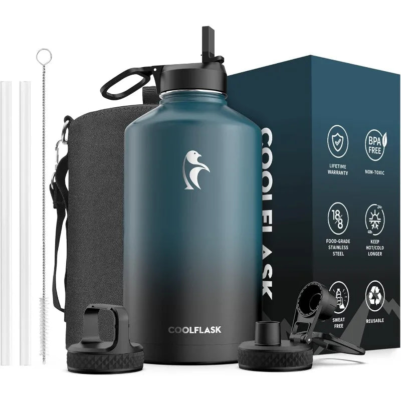 128 Ounce Insulated Water Bottle with Straw and Lids