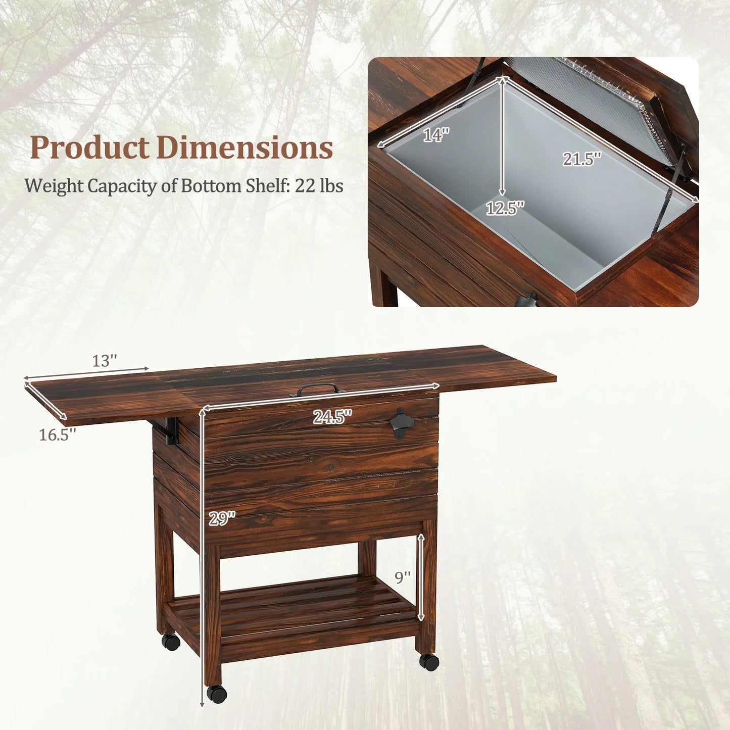 Homasis Rolling Wooden Patio Cooler Cart With Drop Leaf Tables