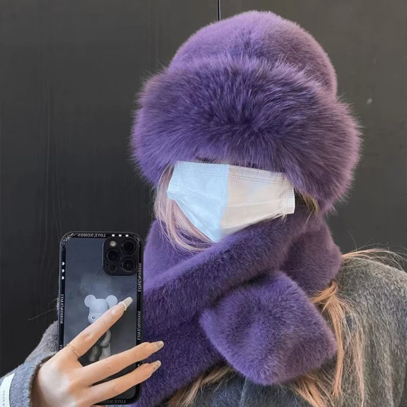 Winter Scarf and Hat Set for Women Plush Warm Beanie