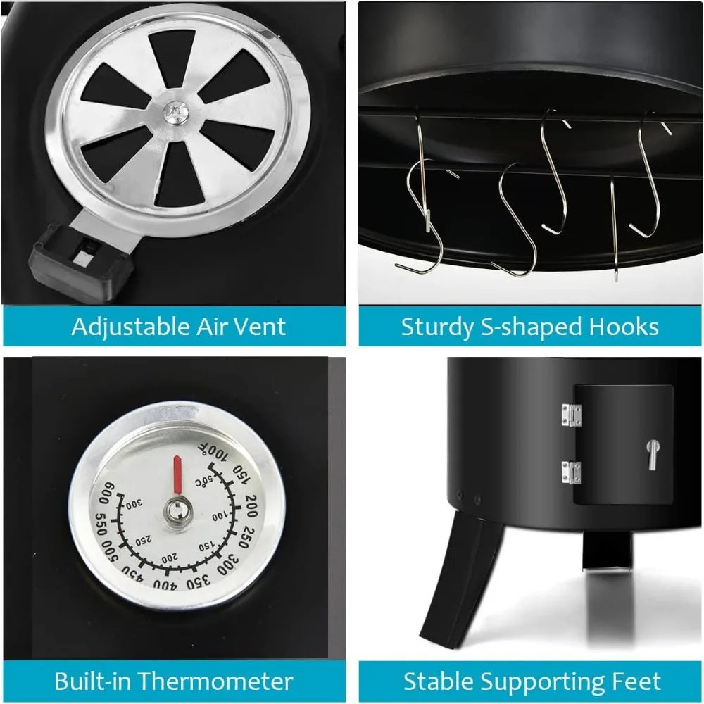 3-in-1 Charcoal BBQ Smoker Grill Cooker With Thermometer And Hooks