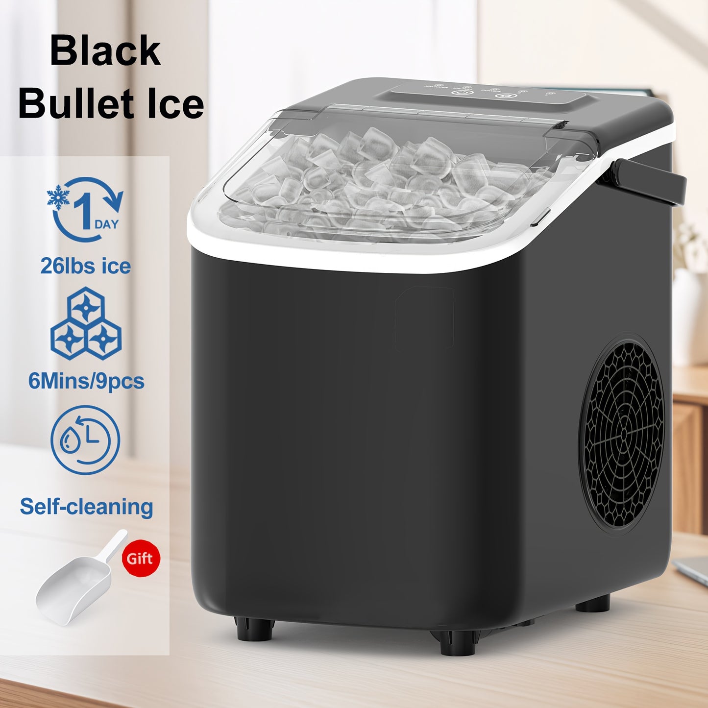 BAYANY Countertop Ice Maker With Bullet Shaped Cubes 26 Pounds