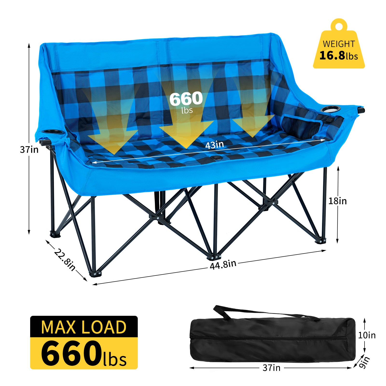 DOCRED Heated Double Camping Chair Loveseat Folding Two Person - Arthur's Wellness Emporium