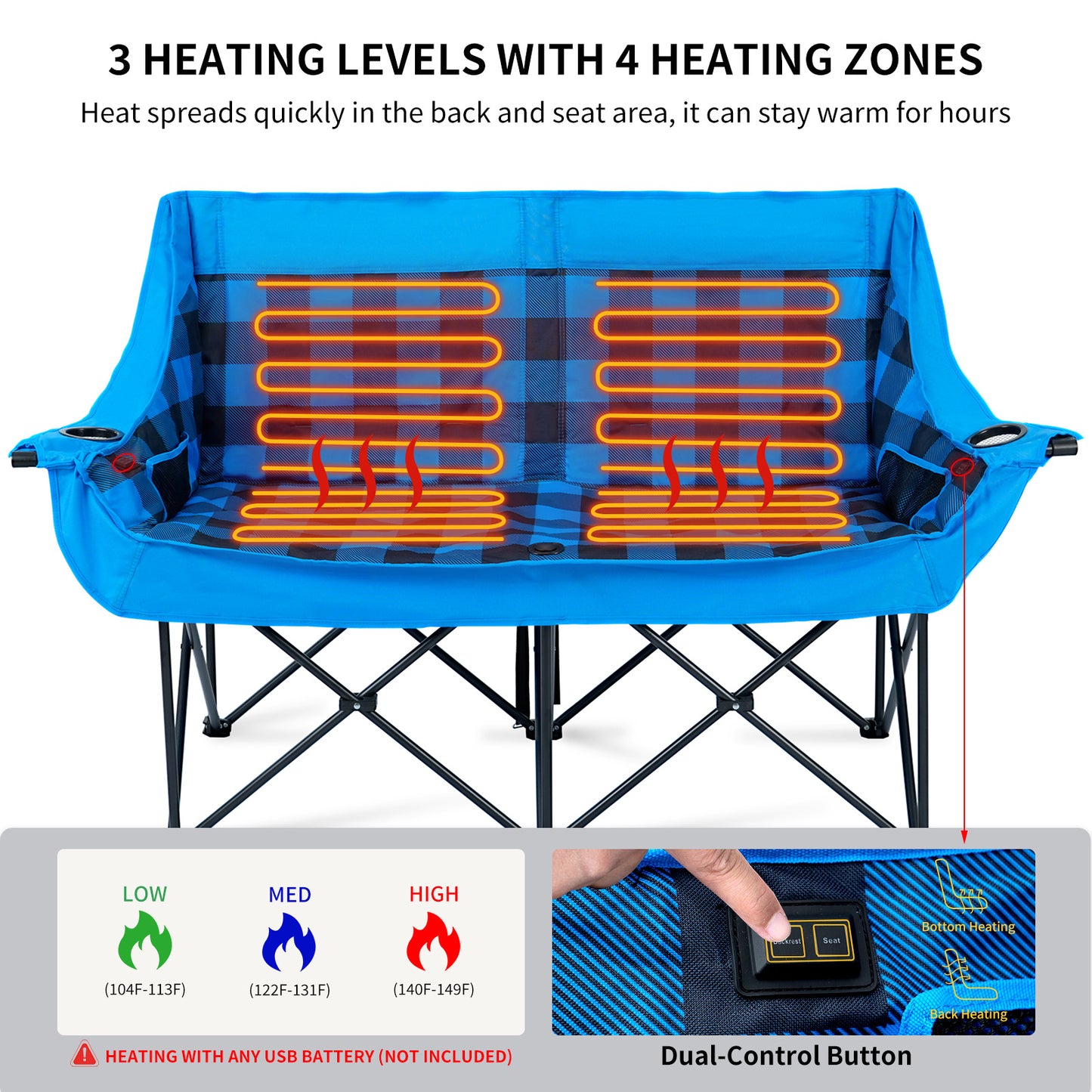 DOCRED Heated Double Camping Chair Loveseat Folding Two Person - Arthur's Wellness Emporium