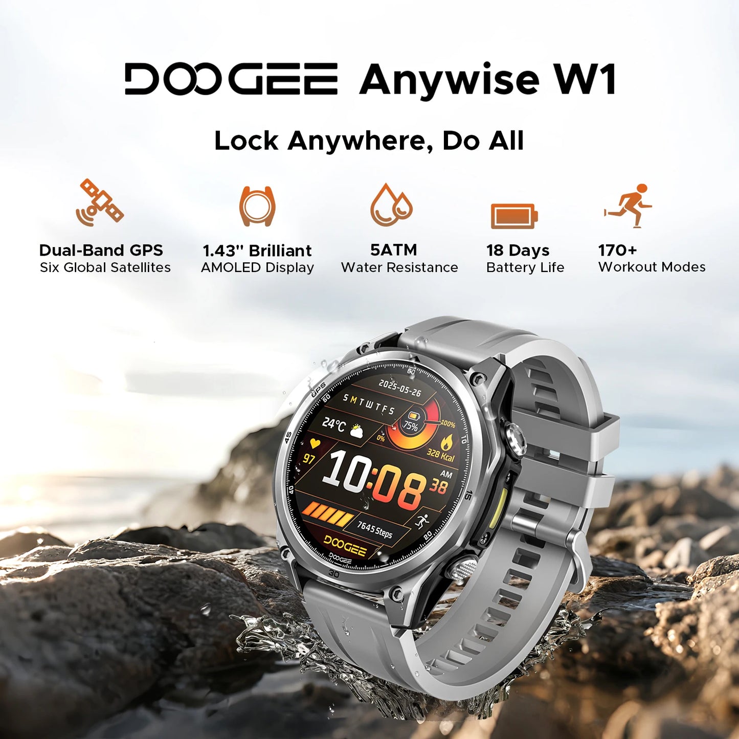 Doogee Anywise W1 Smartwatch 5ATM Water Resistance 178 Sports Modes - Arthur's Wellness Emporium