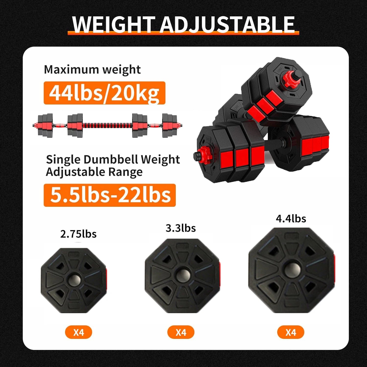 Adjustable Dumbbell Barbell Fitness Set 44lb Anti Slip Grip - Arthur's Wellness Emporium