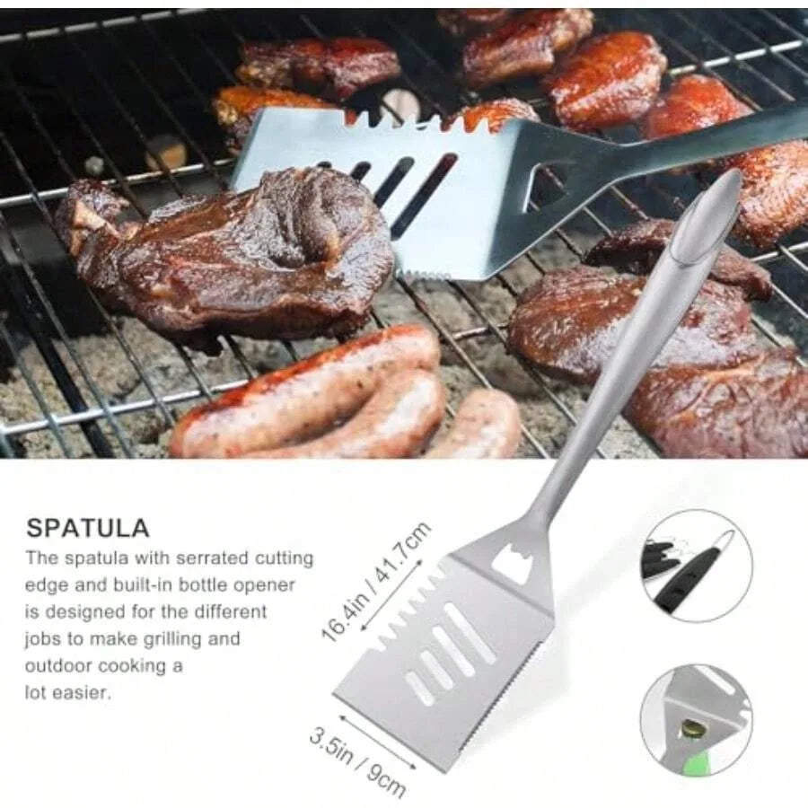 Eight Piece Stainless Steel BBQ Grill Set Spatula Fork Tongs