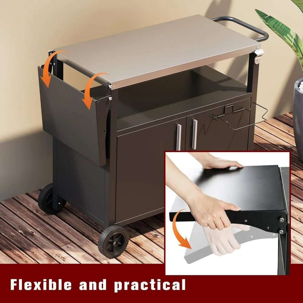 Outdoor Grill Cart Storage Kitchen Island Foldable Stainless Steel Top
