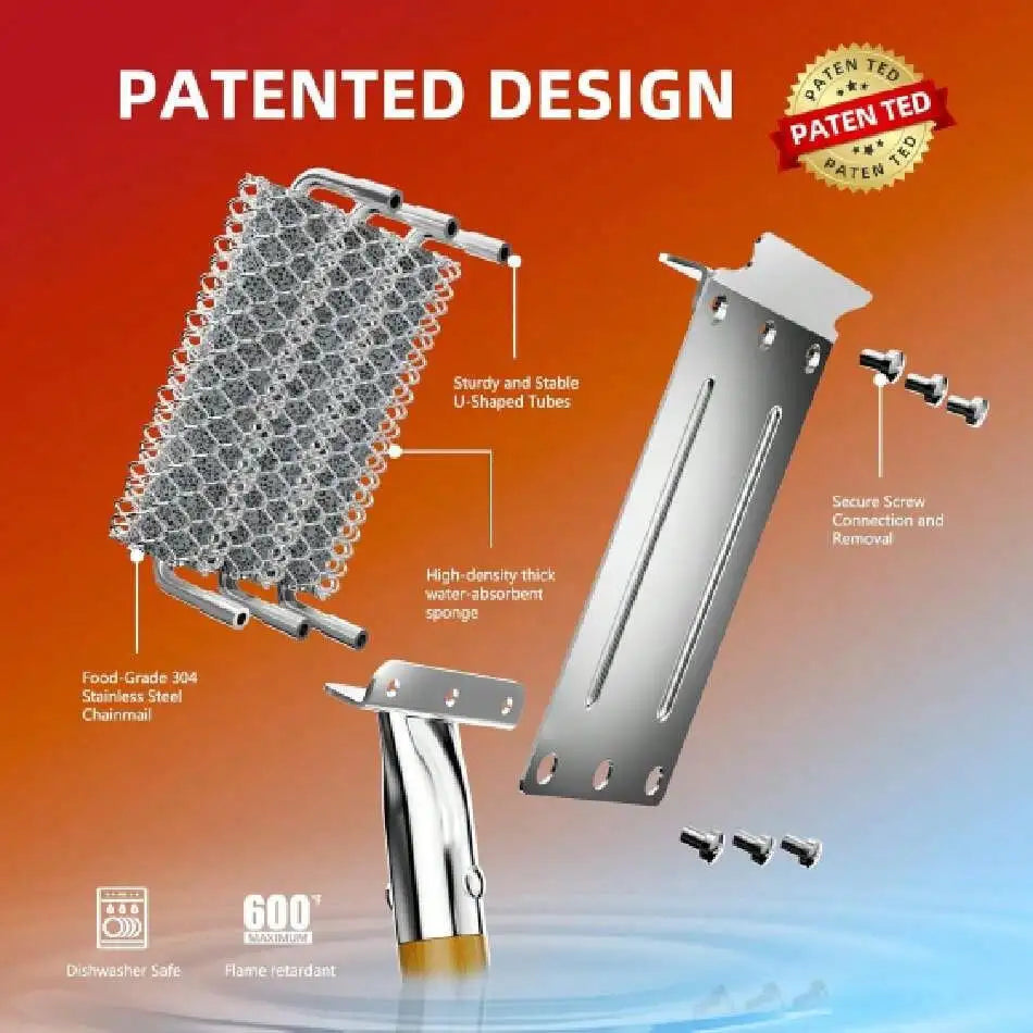 Stainless Steel Grill Brush And Scraper With 3 Replacement Heads