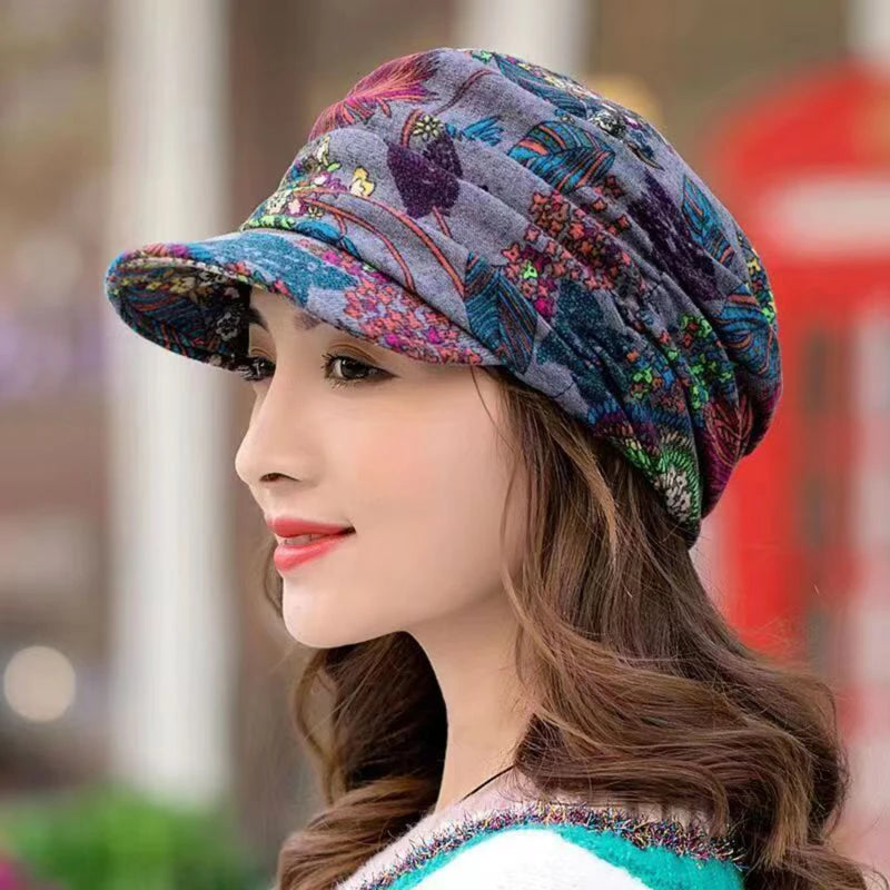 GOMYIE Women Peaked Earflap Wool Winter Cap With Floral Print