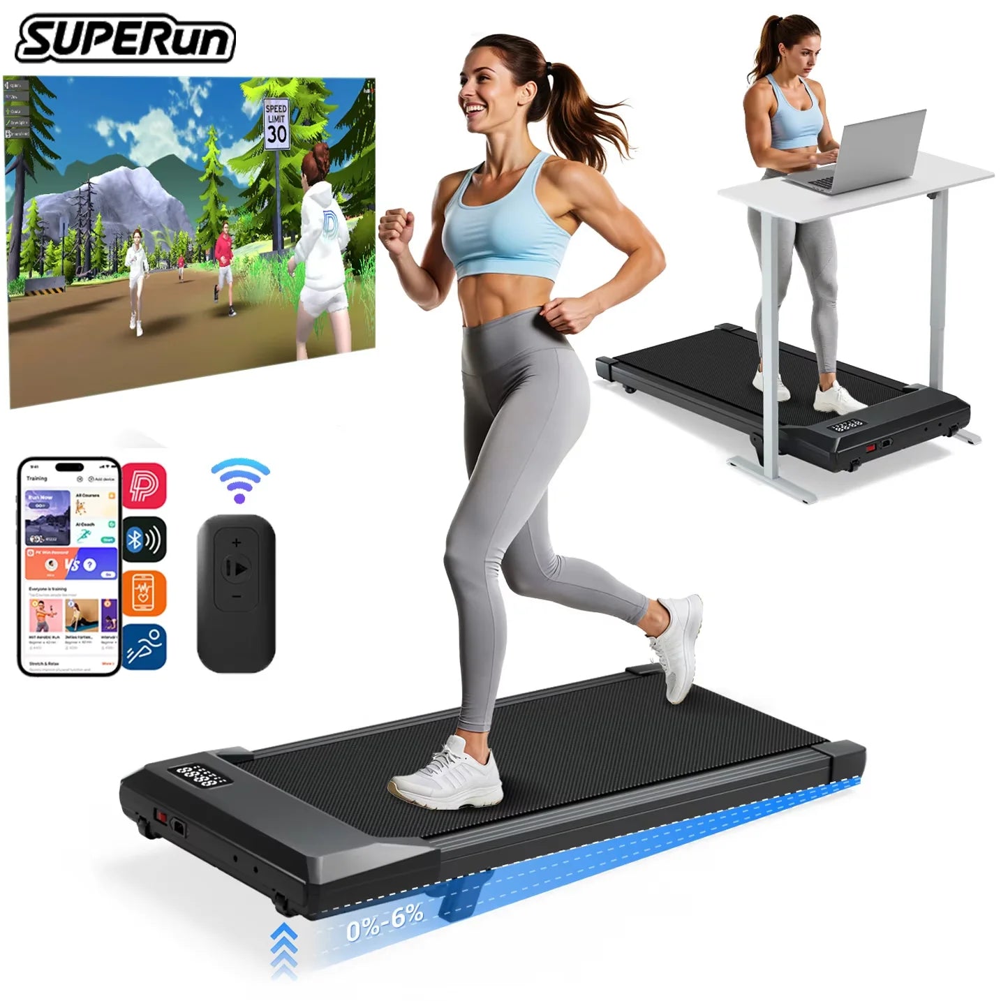 Superun Under Desk Treadmill 2.5 HP With LED Display Remote - Arthur's Wellness Emporium
