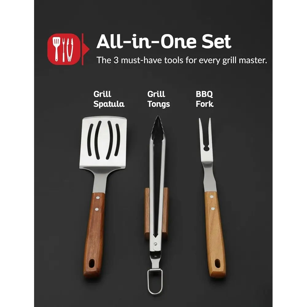 Acacia Wood Handle 3 Piece Stainless Steel BBQ Tool Set