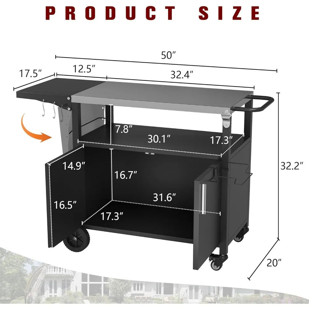 Outdoor Grill Cart Storage Kitchen Island Foldable Stainless Steel Top
