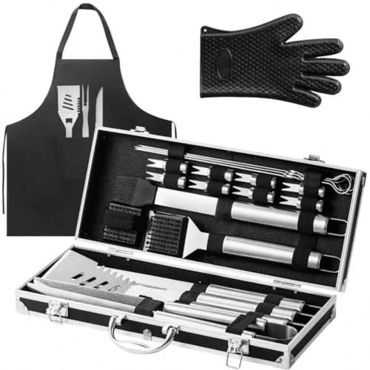 22 Piece BBQ Accessories Set in Aluminum Case Stainless Steel - Arthur's Wellness Emporium