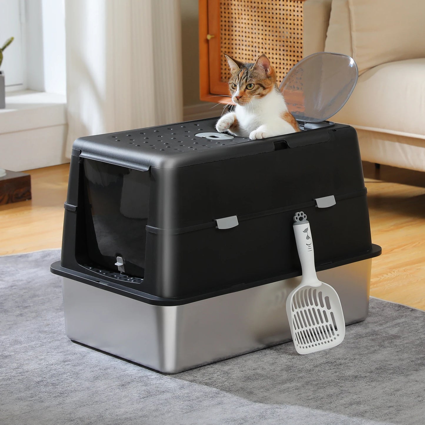 Stainless Steel Cat Litter Box With Scoop High Sides Indoor - Arthur's Wellness Emporium