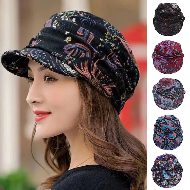 GOMYIE Women Peaked Earflap Wool Winter Cap With Floral Print