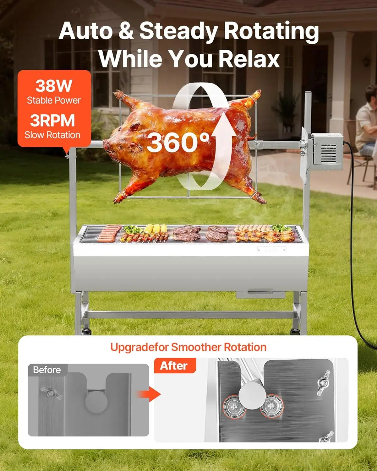 Rotisserie Grill 38W Stainless Steel Outdoor Pig and Lamb Spit Roaster
