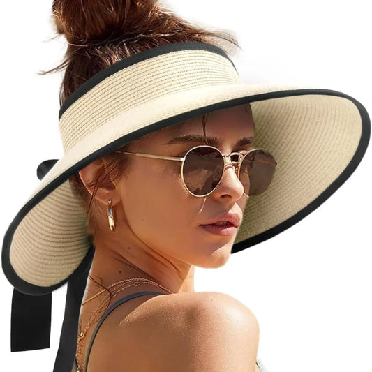 Wide Brim Foldable Straw Visor Hat For Women Packable