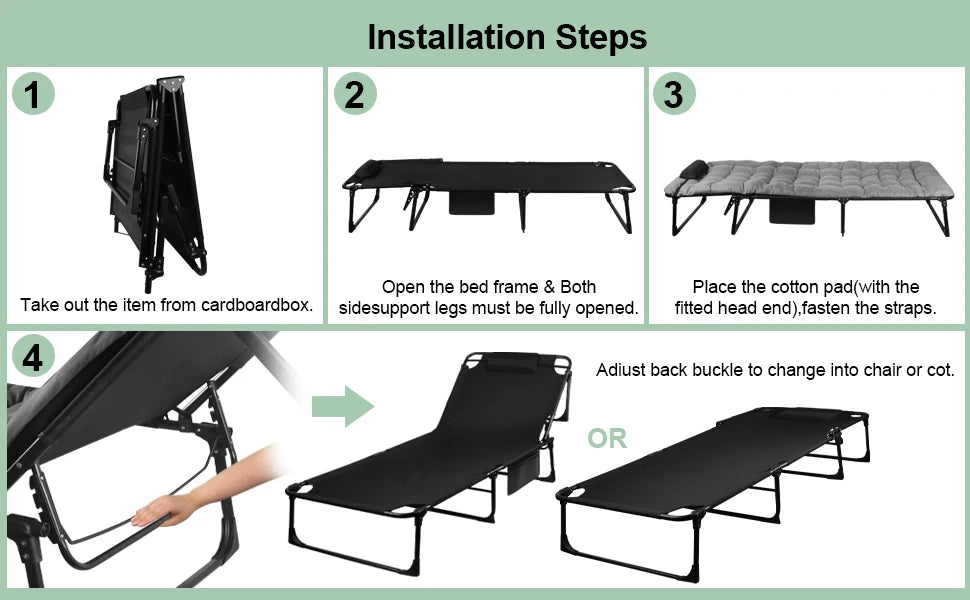 Portable Folding Camping Cot Three-Position Adjustable Lounge Chair With Pillow - Arthur's Wellness Emporium