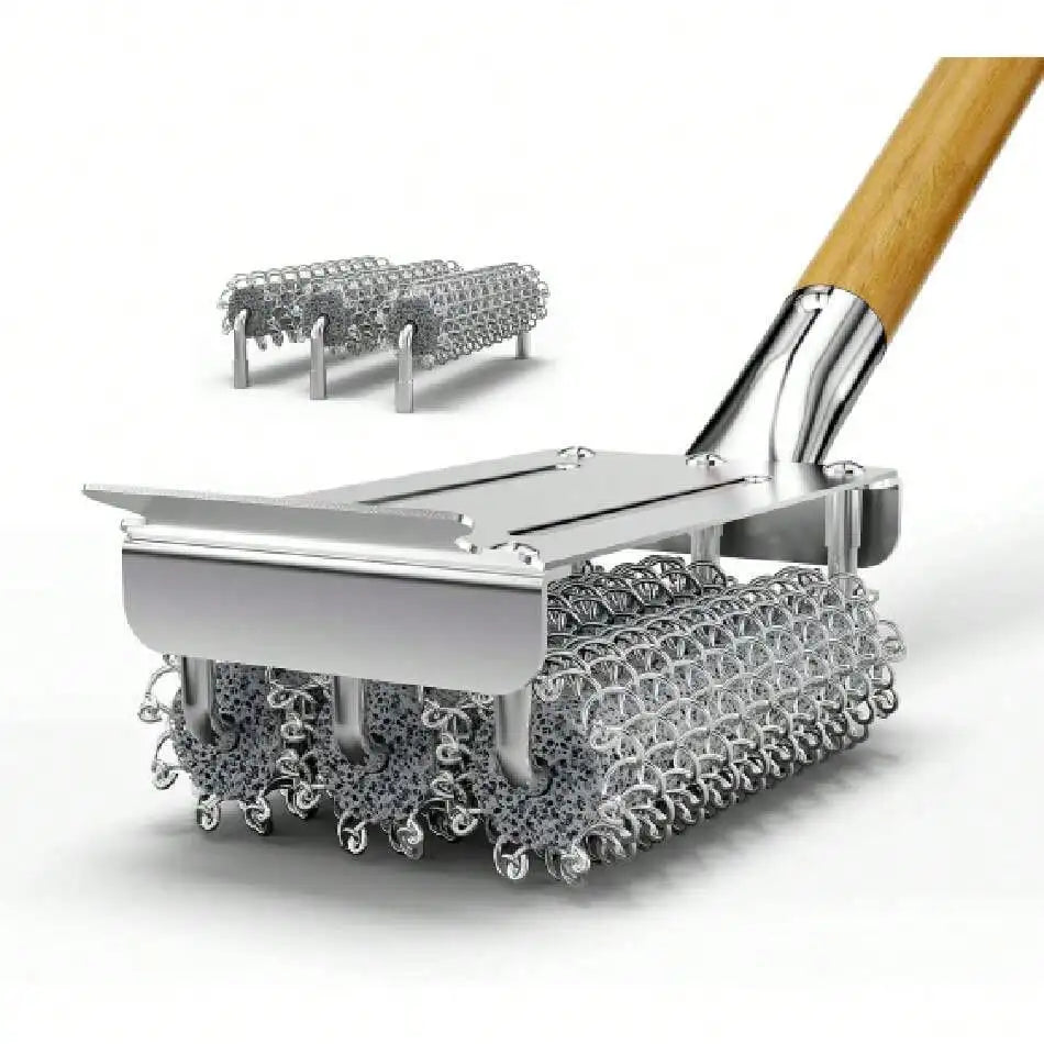 Stainless Steel Grill Brush And Scraper With 3 Replacement Heads