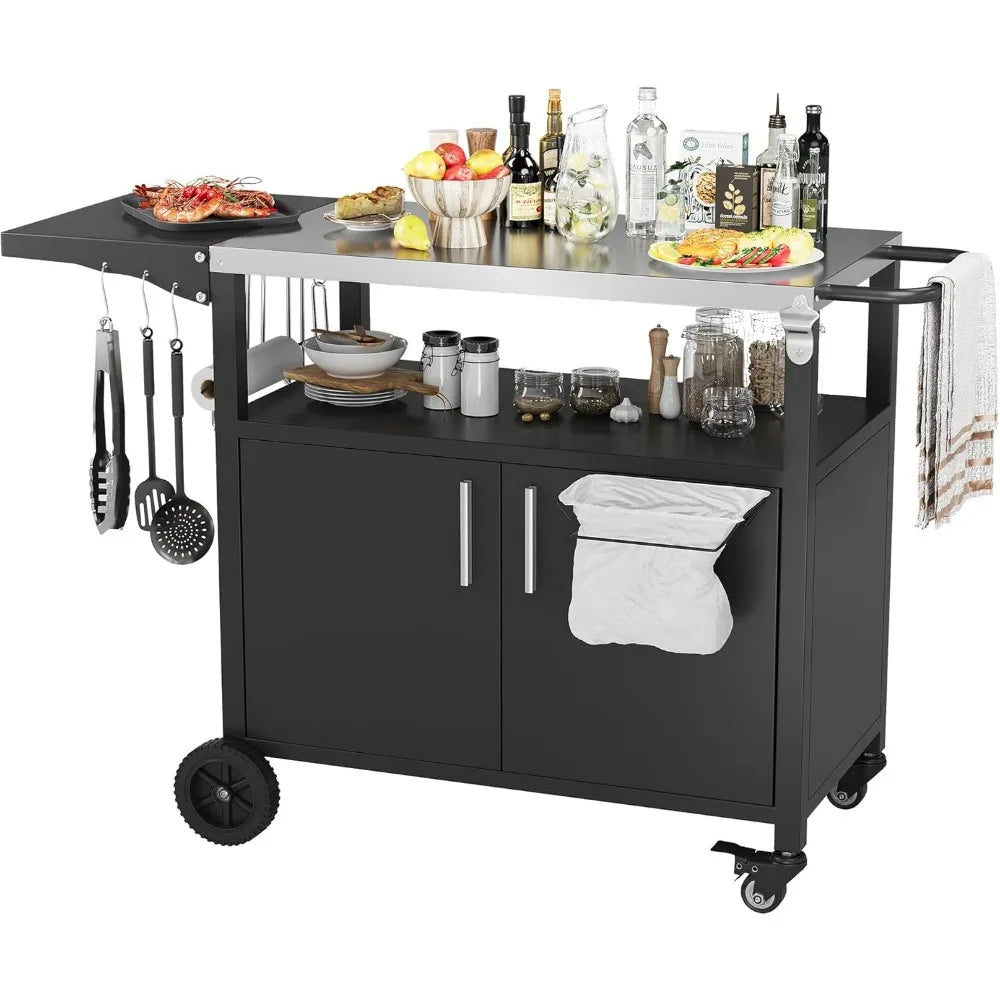Outdoor Grill Cart Storage Kitchen Island Foldable Stainless Steel Top