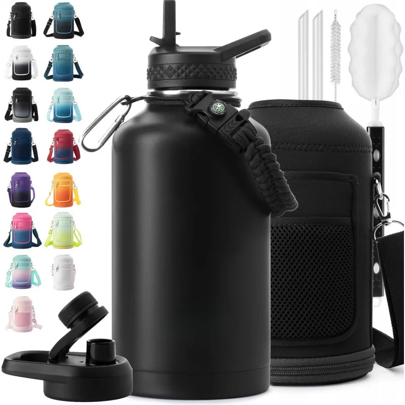 Insulated Stainless Steel Water Bottle With Straw And Carrying Strap