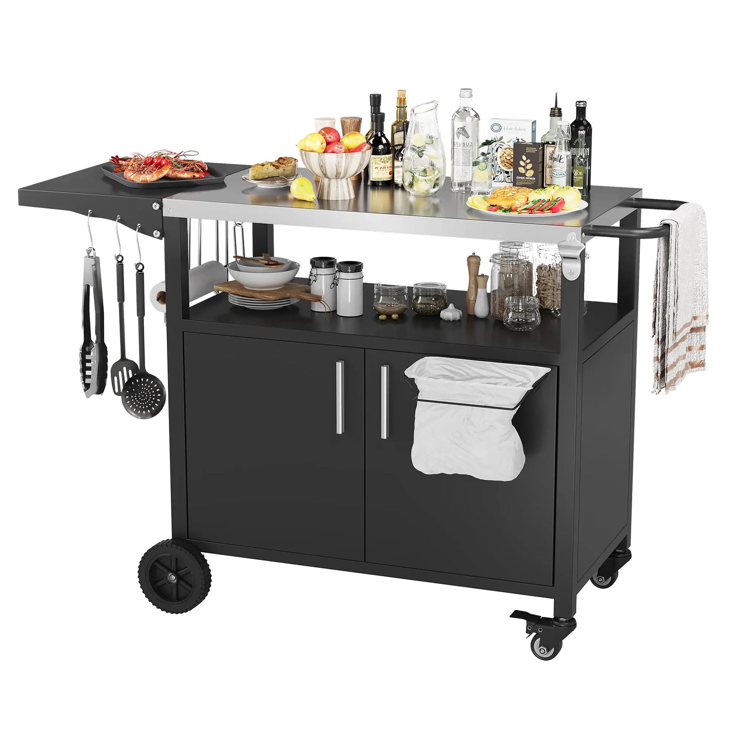 Outdoor Grill Cart Storage Kitchen Island Foldable Stainless Steel Top
