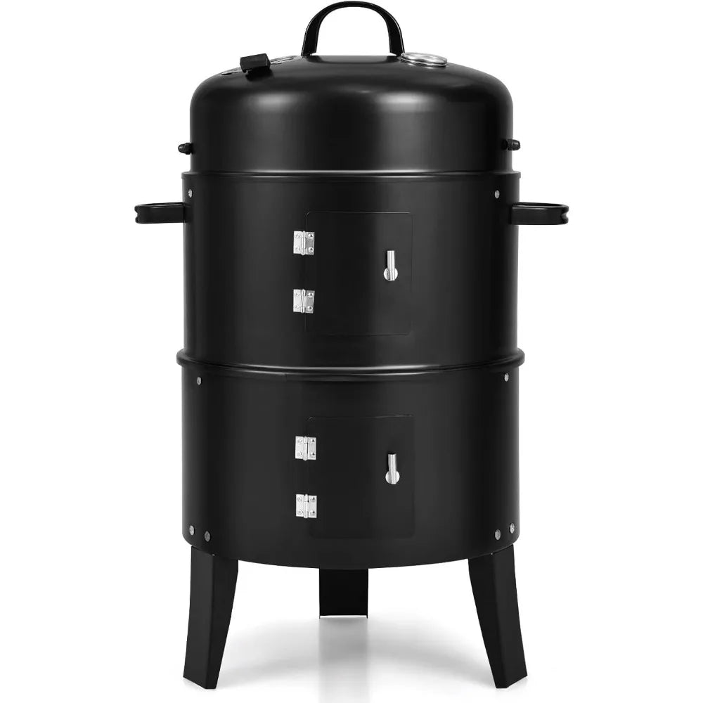 3-in-1 Charcoal BBQ Smoker Grill Cooker With Thermometer And Hooks