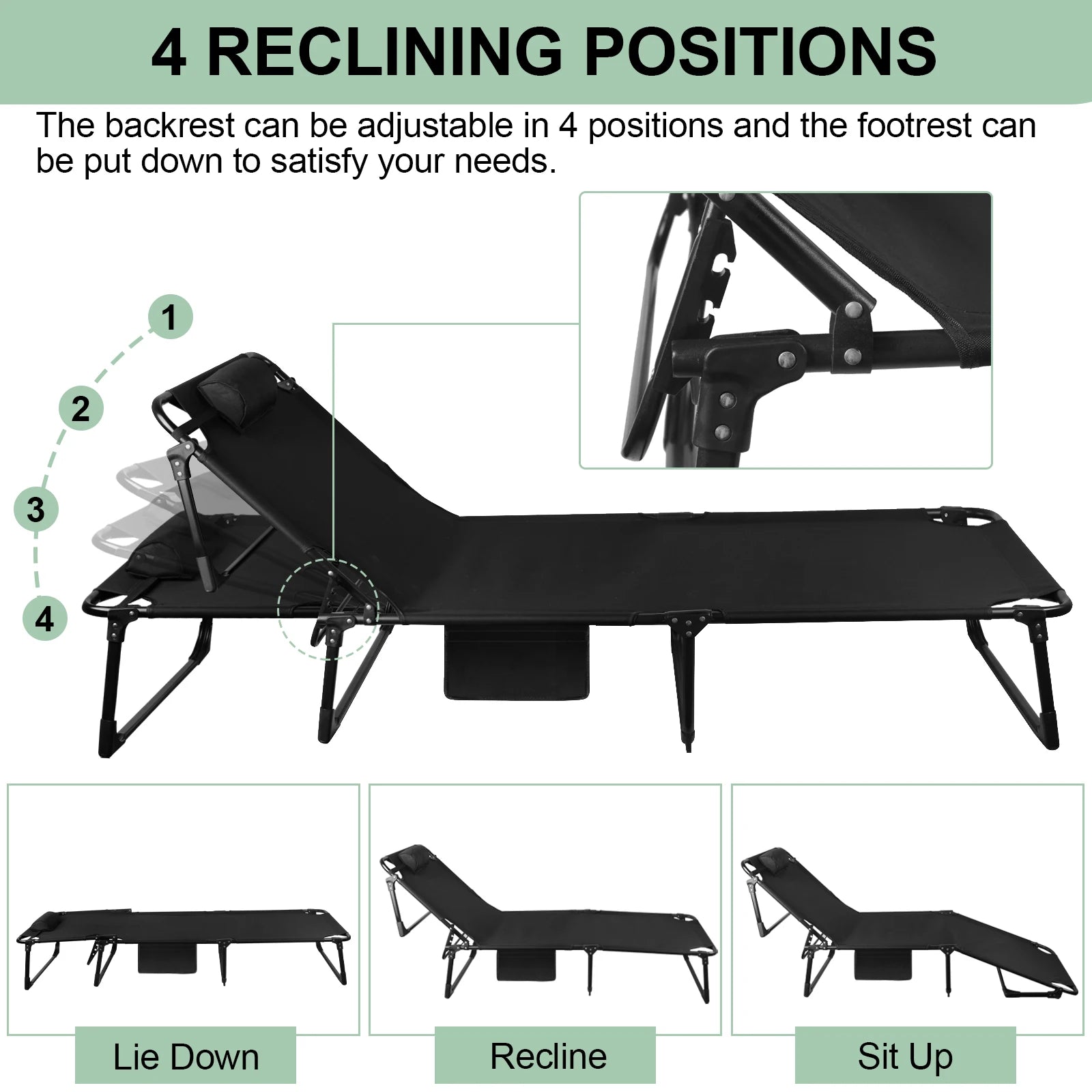 Portable Folding Camping Cot Three-Position Adjustable Lounge Chair With Pillow - Arthur's Wellness Emporium