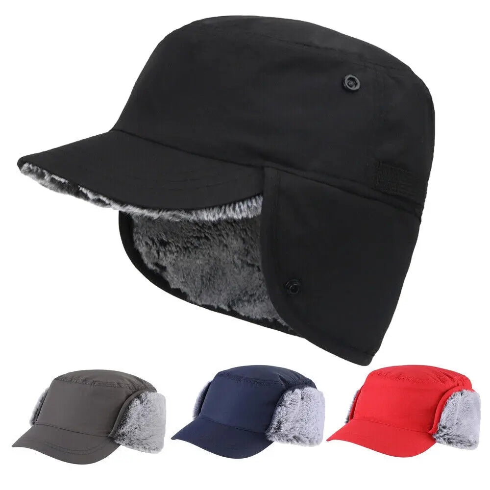 Mens Winter Visor Hat Windproof Earflaps Faux Fur