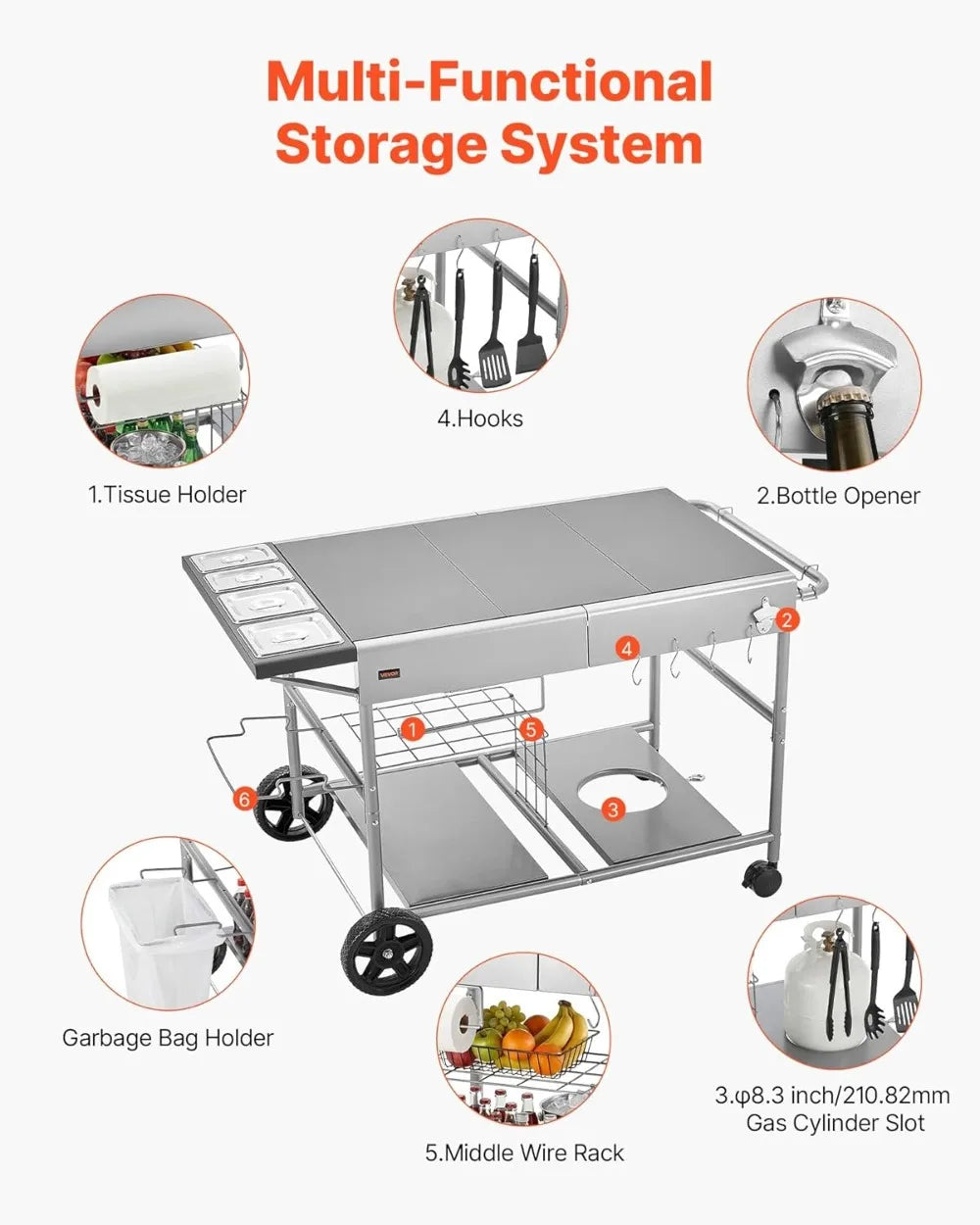 Outdoor Grill Cart With Wheels Movable BBQ Prep Table
