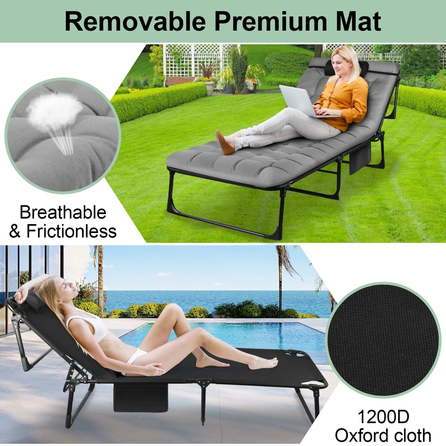 Portable Folding Camping Cot Three-Position Adjustable Lounge Chair With Pillow - Arthur's Wellness Emporium