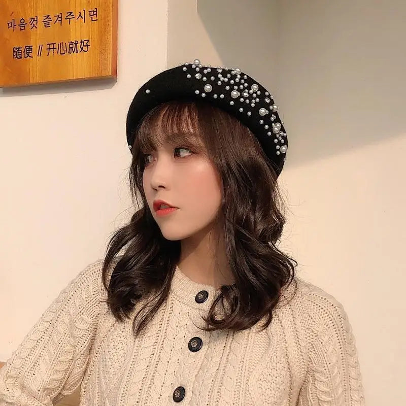 Woolen Pearl Beret For Women Winter Hat Korean British Retro
