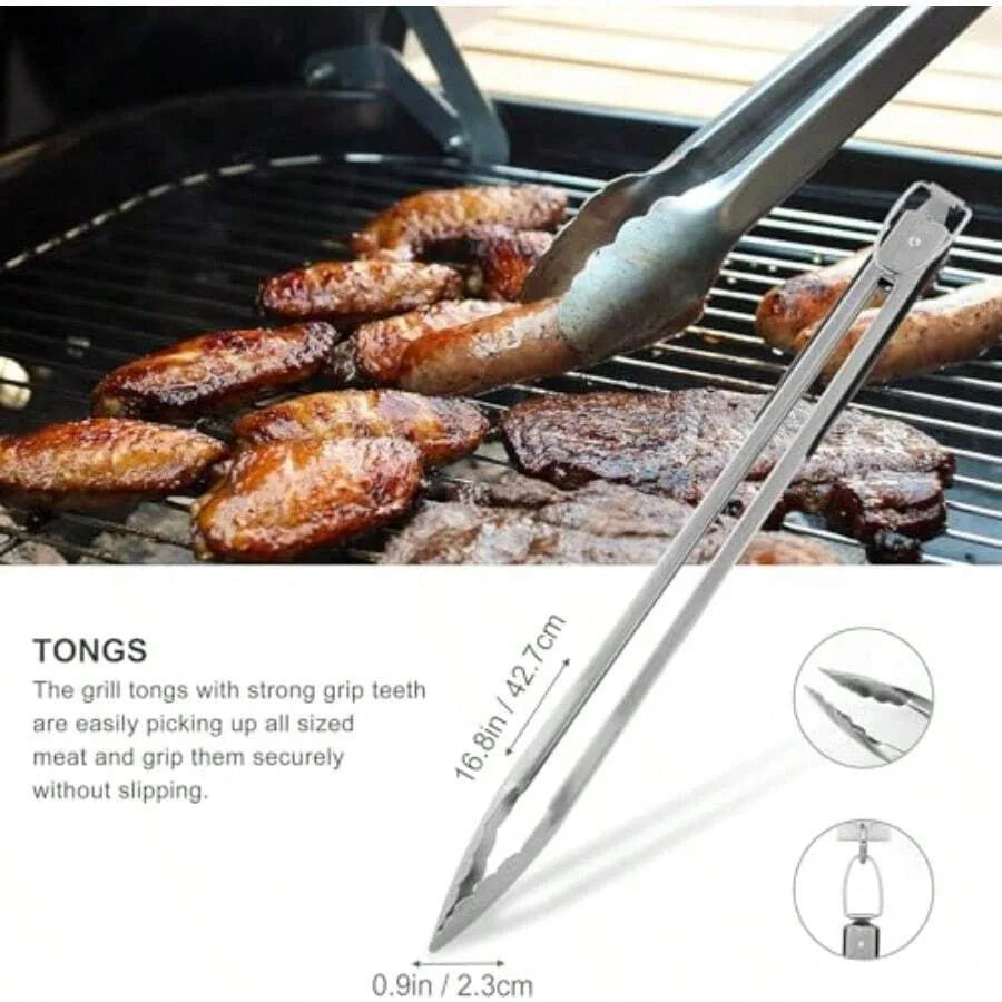 Eight Piece Stainless Steel BBQ Grill Set Spatula Fork Tongs