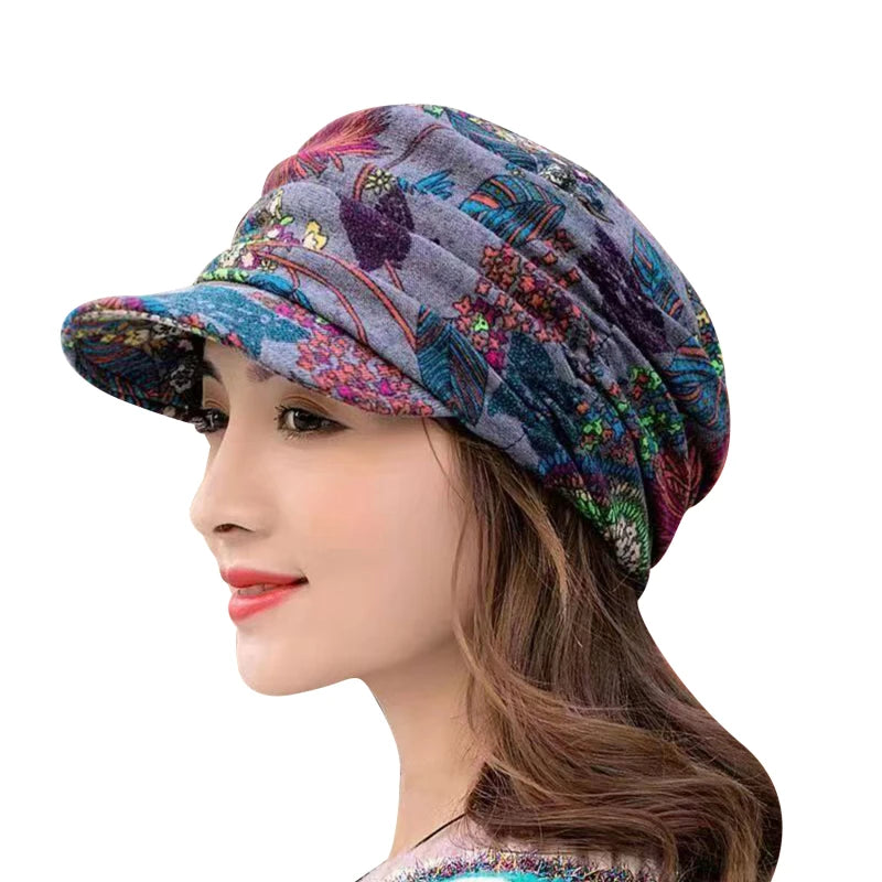 GOMYIE Women Peaked Earflap Wool Winter Cap With Floral Print