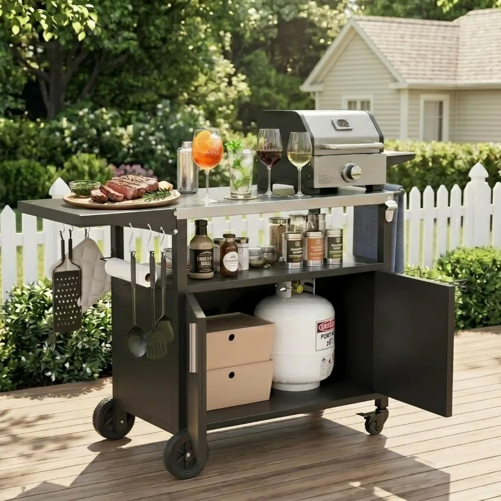 Outdoor Grill Cart Storage Kitchen Island Foldable Stainless Steel Top