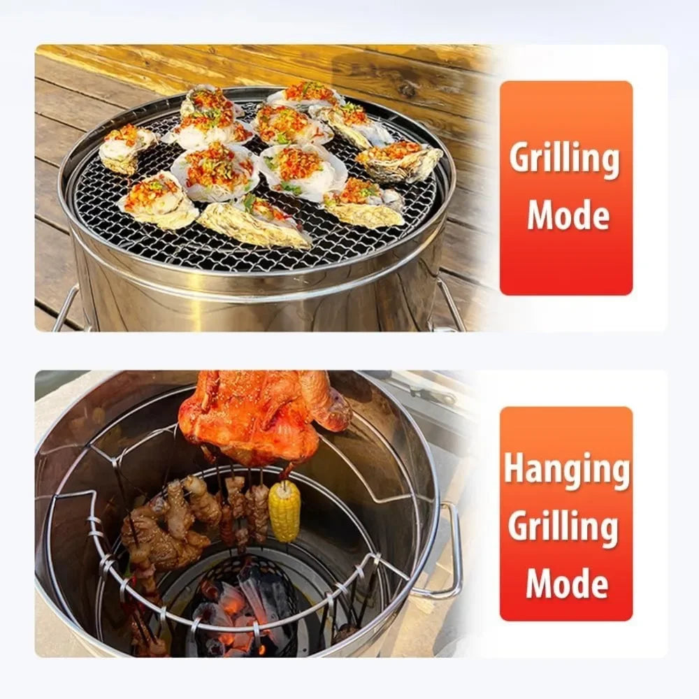 Portable Smokeless Charcoal Grill Stainless Steel 360 Degree Barbecue Barrel