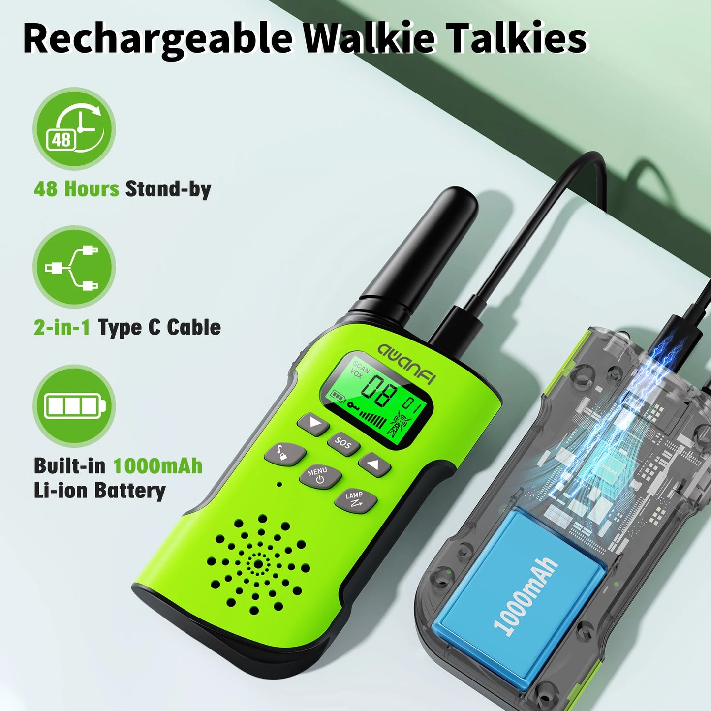 AWANFI 4 Pack Walkie Talkies Long Range 8 Channel USBC - Arthur's Wellness Emporium