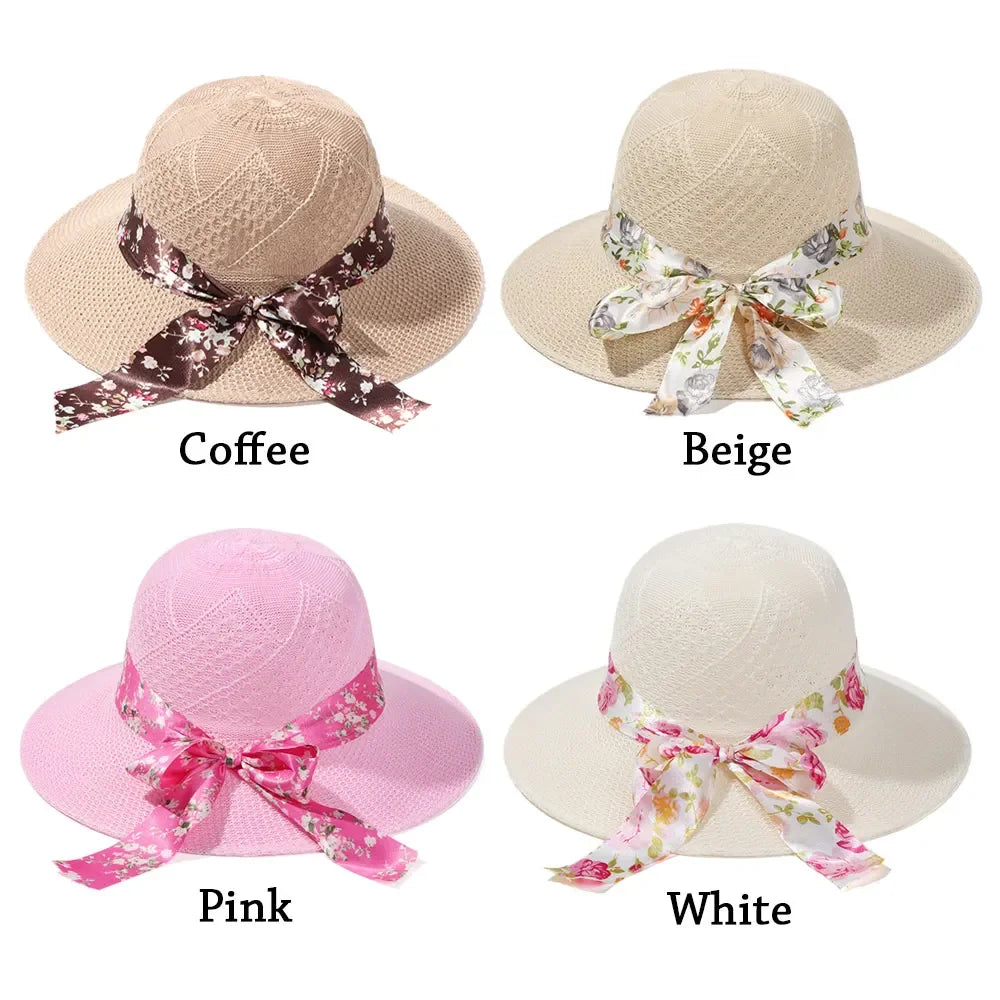 Women Summer Sun Hat Beach Ribbon Fisherman Straw Hat - Arthur's Wellness Emporium