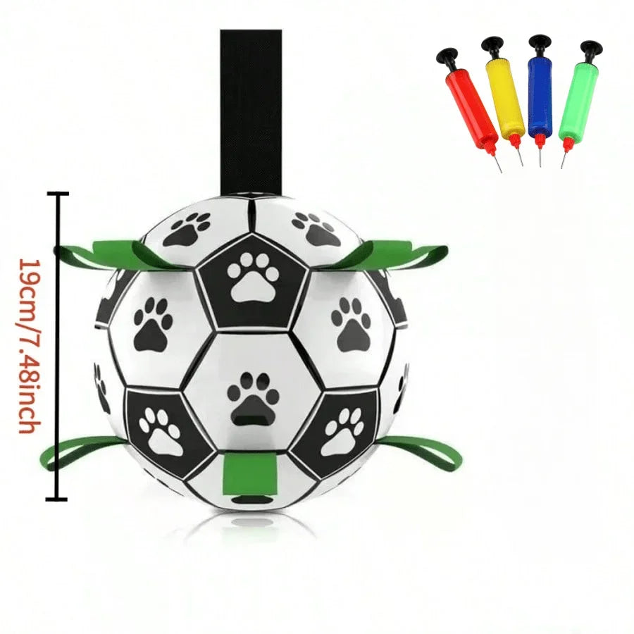 Dog Ball Toy Soccer With Woven Strap Indoor Outdoor Tug - Arthur's Wellness Emporium