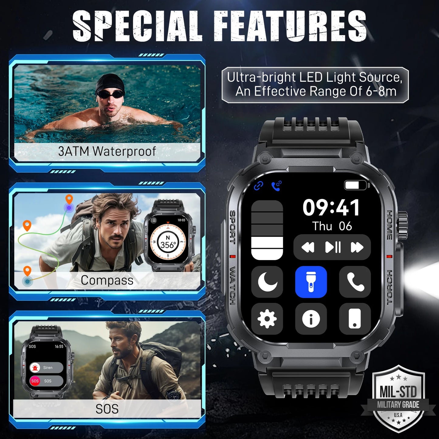 LaNikar Smart Watch Men 3ATM Waterproof S320B Compass LED Flashlight Heart Rate - Arthur's Wellness Emporium