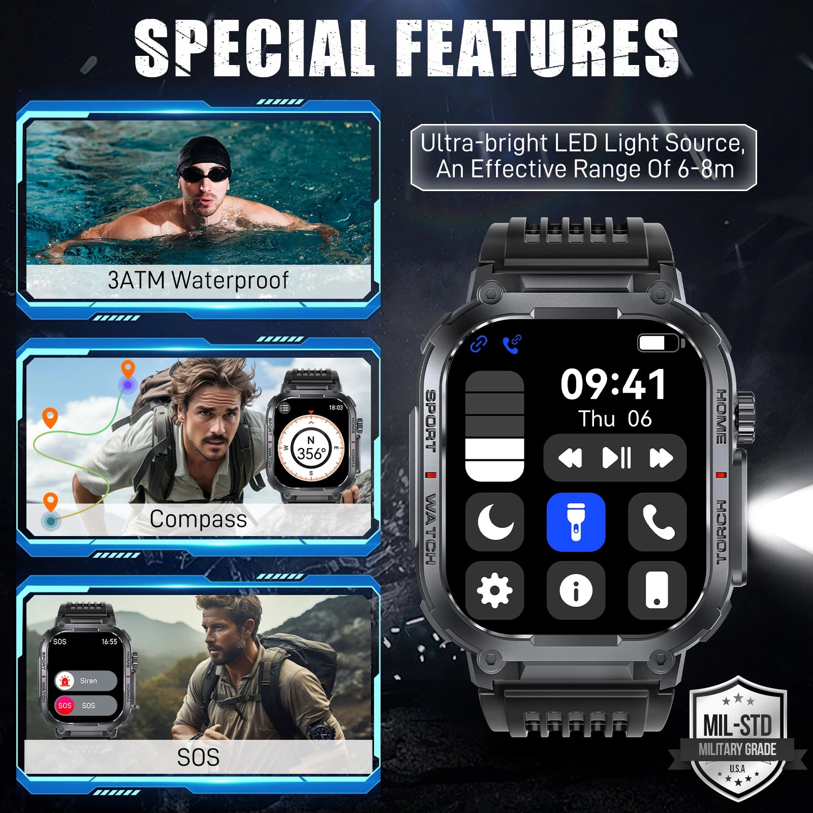 LaNikar Smart Watch Men 3ATM Waterproof S320B Compass LED Flashlight Heart Rate - Arthur's Wellness Emporium