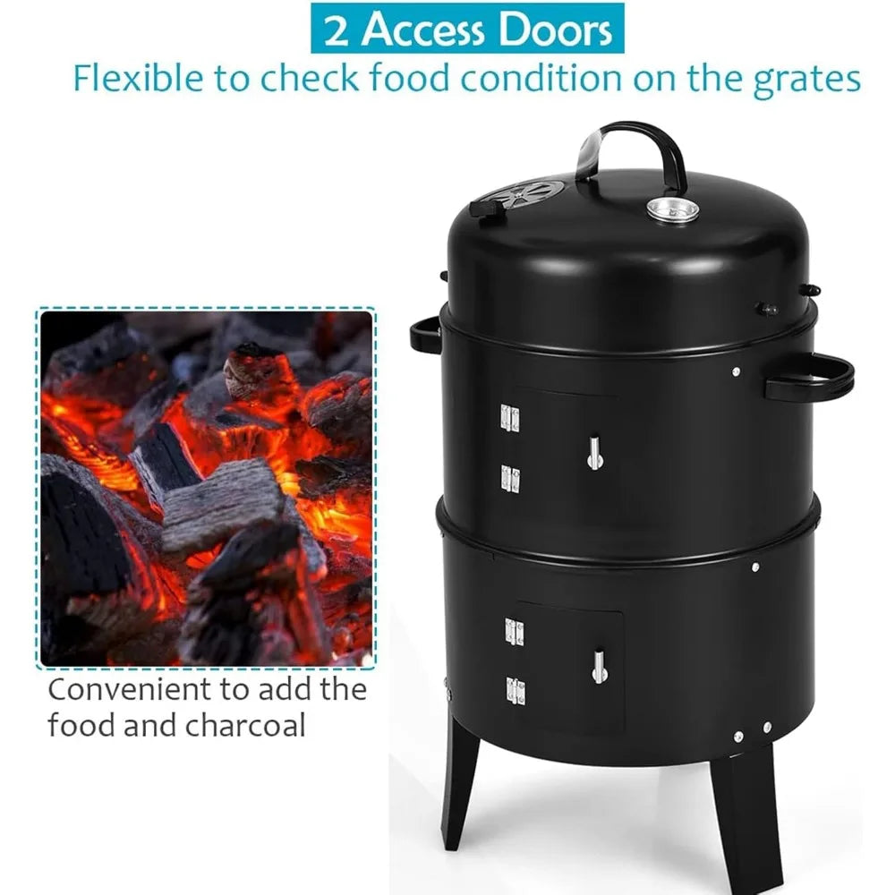 3-in-1 Charcoal BBQ Smoker Grill Cooker With Thermometer And Hooks