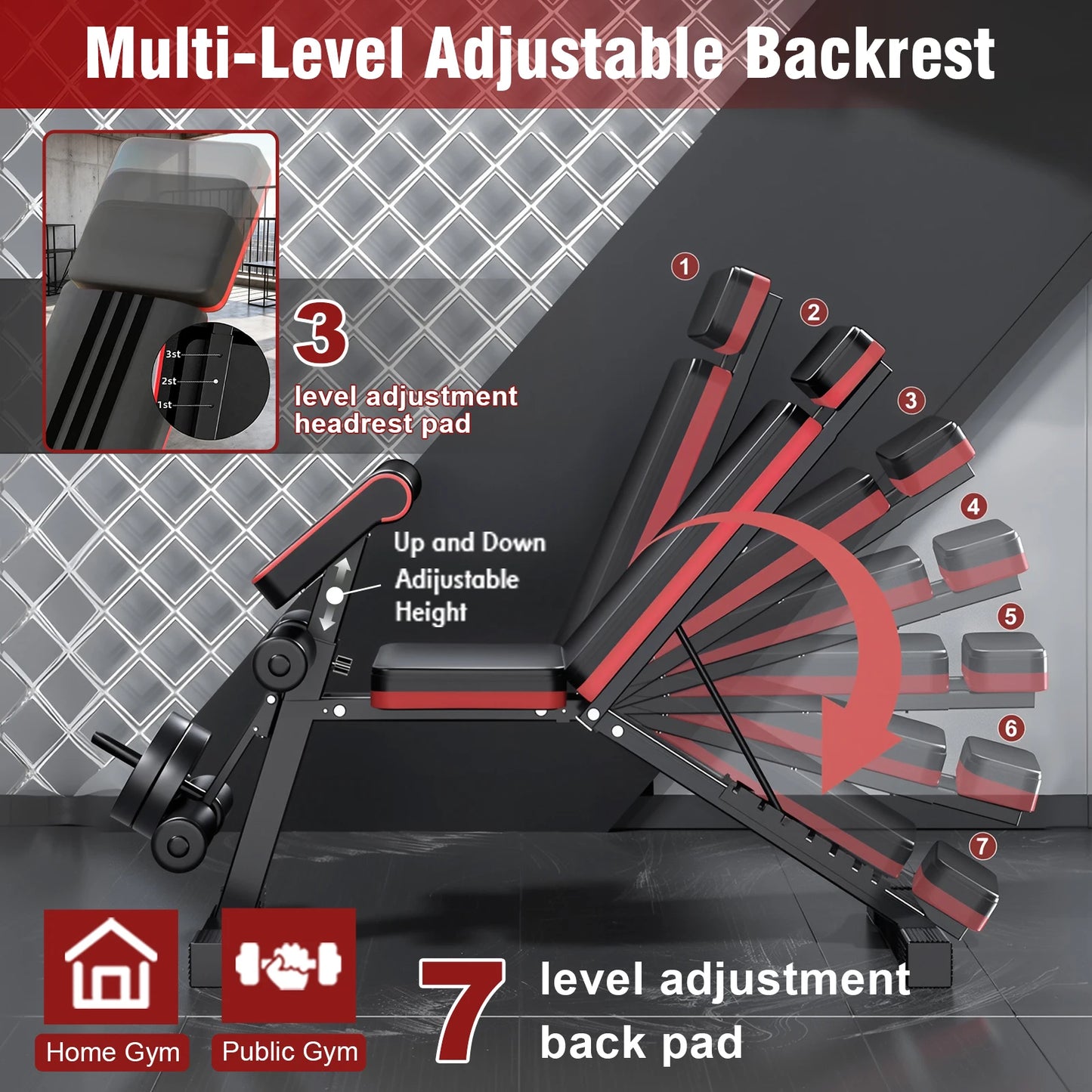 7 Level Foldable Weight Bench with Extended Headrest for Full Body Workout - Arthur's Wellness Emporium