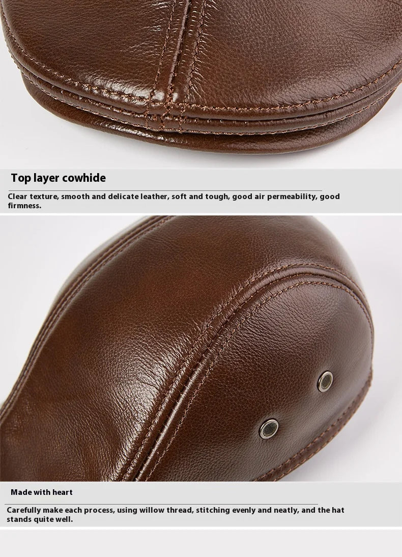 Genuine Leather Beret Hat Unisex Windproof Winter Cap Fashion