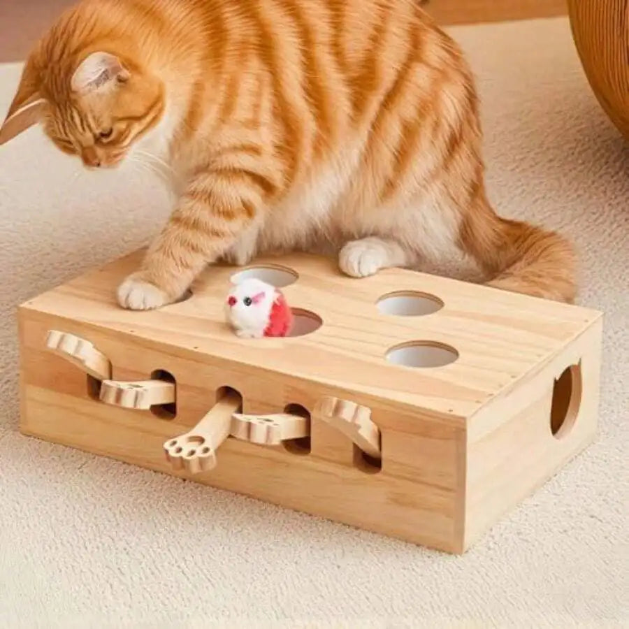 Wooden Cat Puzzle Box Toy With Pop Up Holes And Hanging Balls